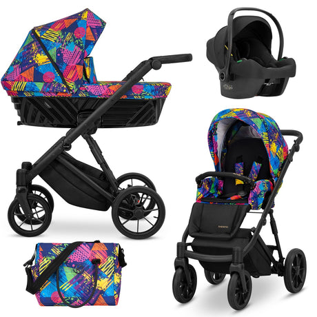 Kombikinderwagen in drei Ansichten: links Seitenansicht mit Babywanne, rechts Frontansicht mit Sportsitz, unten Vorderansicht eines passenden Rucksacks.