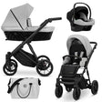 Kombikinderwagen in drei Ansichten: links Seitenansicht mit Babywanne, rechts Frontansicht mit Sportsitz, unten Vorderansicht eines passenden Rucksacks.