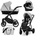 Kombikinderwagen in drei Ansichten: links Seitenansicht mit Babywanne, rechts Frontansicht mit Sportsitz, unten Vorderansicht eines passenden Rucksacks.