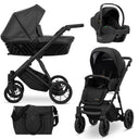 Kombikinderwagen in drei Ansichten: links Seitenansicht mit Babywanne, rechts Frontansicht mit Sportsitz, unten Vorderansicht eines passenden Rucksacks.