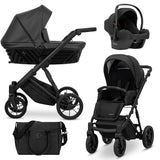 Kombikinderwagen in drei Ansichten: links Seitenansicht mit Babywanne, rechts Frontansicht mit Sportsitz, unten Vorderansicht eines passenden Rucksacks.