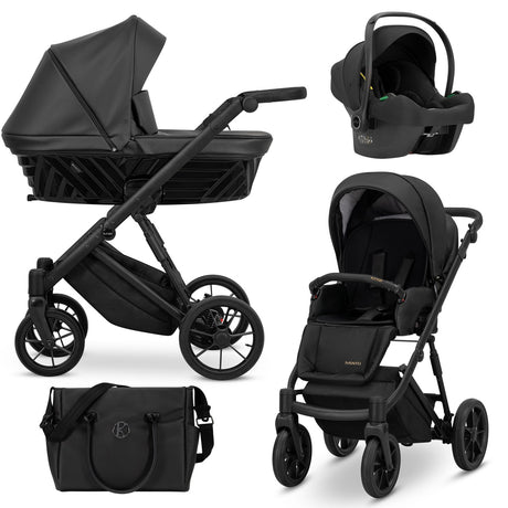 Kombikinderwagen in drei Ansichten: links Seitenansicht mit Babywanne, rechts Frontansicht mit Sportsitz, unten Vorderansicht eines passenden Rucksacks.