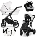 Kombikinderwagen in drei Ansichten: links Seitenansicht mit Babywanne, rechts Frontansicht mit Sportsitz, unten Vorderansicht eines passenden Rucksacks.