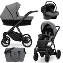 Kombikinderwagen in drei Ansichten: links Seitenansicht mit Babywanne, rechts Frontansicht mit Sportsitz, unten Vorderansicht eines passenden Rucksacks.