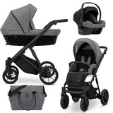 Kombikinderwagen in drei Ansichten: links Seitenansicht mit Babywanne, rechts Frontansicht mit Sportsitz, unten Vorderansicht eines passenden Rucksacks.