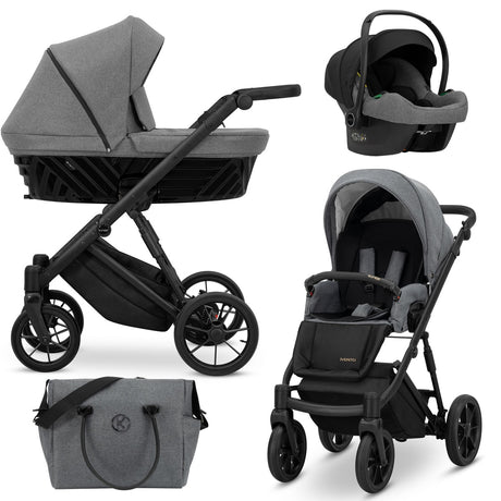 Kombikinderwagen in drei Ansichten: links Seitenansicht mit Babywanne, rechts Frontansicht mit Sportsitz, unten Vorderansicht eines passenden Rucksacks.