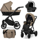 Kombikinderwagen in drei Ansichten: links Seitenansicht mit Babywanne, rechts Frontansicht mit Sportsitz, unten Vorderansicht eines passenden Rucksacks.