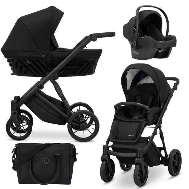 Kombikinderwagen in drei Ansichten: links Seitenansicht mit Babywanne, rechts Frontansicht mit Sportsitz, unten Vorderansicht eines passenden Rucksacks.