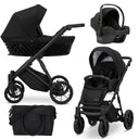 Kombikinderwagen in drei Ansichten: links Seitenansicht mit Babywanne, rechts Frontansicht mit Sportsitz, unten Vorderansicht eines passenden Rucksacks.