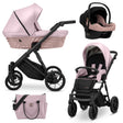 Kombikinderwagen in drei Ansichten: links Seitenansicht mit Babywanne, rechts Frontansicht mit Sportsitz, unten Vorderansicht eines passenden Rucksacks.