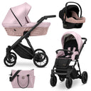 Kombikinderwagen in drei Ansichten: links Seitenansicht mit Babywanne, rechts Frontansicht mit Sportsitz, unten Vorderansicht eines passenden Rucksacks.