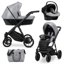 Kombikinderwagen in drei Ansichten: links Seitenansicht mit Babywanne, rechts Frontansicht mit Sportsitz, unten Vorderansicht eines passenden Rucksacks.
