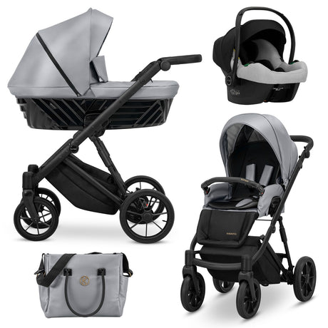 Kombikinderwagen in drei Ansichten: links Seitenansicht mit Babywanne, rechts Frontansicht mit Sportsitz, unten Vorderansicht eines passenden Rucksacks.