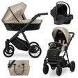 Kombikinderwagen in drei Ansichten: links Seitenansicht mit Babywanne, rechts Frontansicht mit Sportsitz, unten Vorderansicht eines passenden Rucksacks.