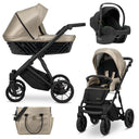 Kombikinderwagen in drei Ansichten: links Seitenansicht mit Babywanne, rechts Frontansicht mit Sportsitz, unten Vorderansicht eines passenden Rucksacks.