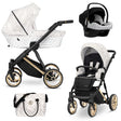 Kombikinderwagen in drei Ansichten: links Seitenansicht mit Babywanne, rechts Frontansicht mit Sportsitz, unten Vorderansicht eines passenden Rucksacks.