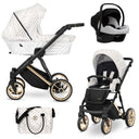 Kombikinderwagen in drei Ansichten: links Seitenansicht mit Babywanne, rechts Frontansicht mit Sportsitz, unten Vorderansicht eines passenden Rucksacks.