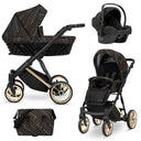 Kombikinderwagen in drei Ansichten: links Seitenansicht mit Babywanne, rechts Frontansicht mit Sportsitz, unten Vorderansicht eines passenden Rucksacks.