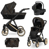 Kombikinderwagen in drei Ansichten: links Seitenansicht mit Babywanne, rechts Frontansicht mit Sportsitz, unten Vorderansicht eines passenden Rucksacks.