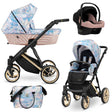 Kombikinderwagen in drei Ansichten: links Seitenansicht mit Babywanne, rechts Frontansicht mit Sportsitz, unten Vorderansicht eines passenden Rucksacks.