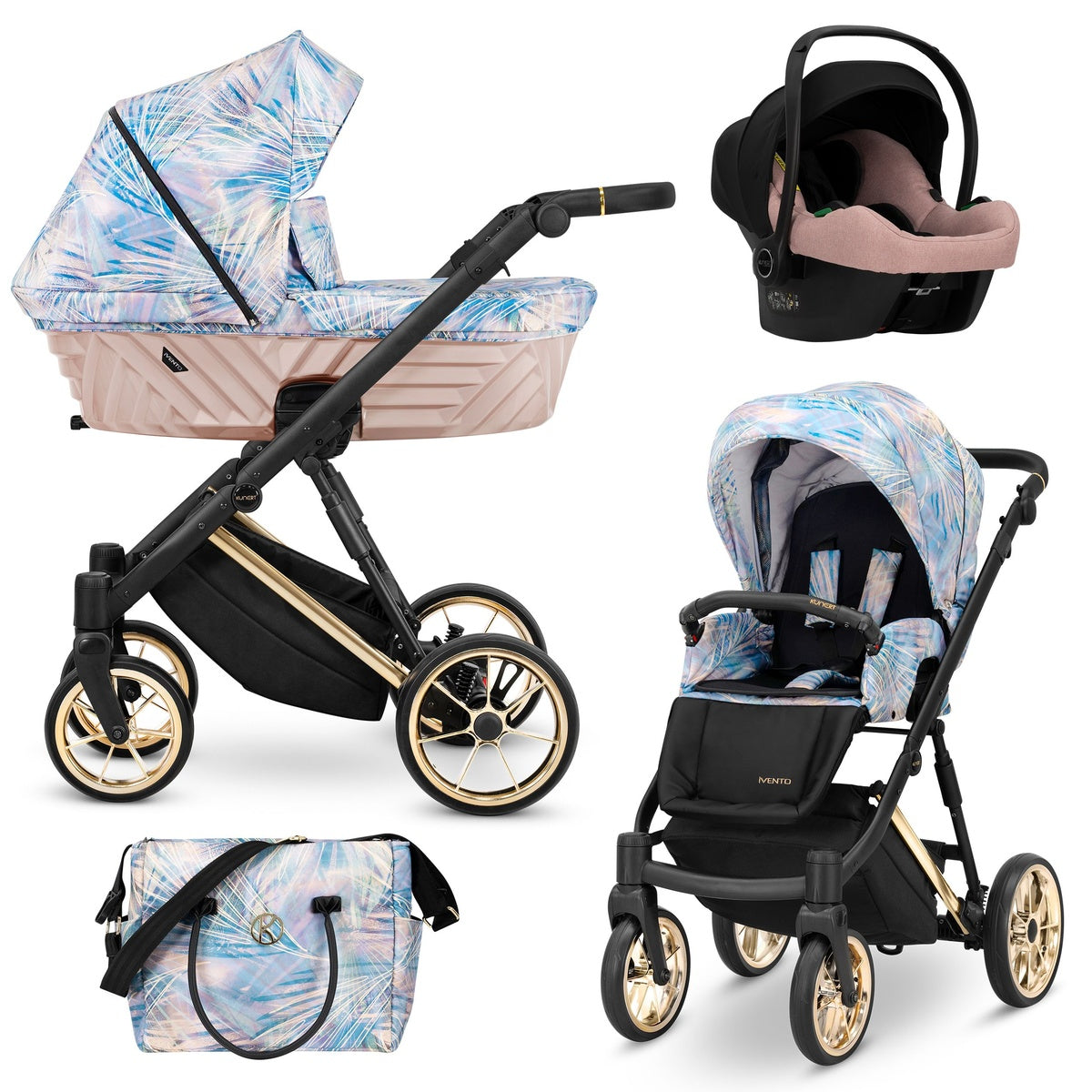 Kombikinderwagen in drei Ansichten: links Seitenansicht mit Babywanne, rechts Frontansicht mit Sportsitz, unten Vorderansicht eines passenden Rucksacks.