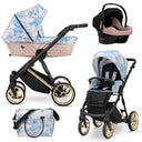 Kombikinderwagen in drei Ansichten: links Seitenansicht mit Babywanne, rechts Frontansicht mit Sportsitz, unten Vorderansicht eines passenden Rucksacks.