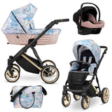 Kombikinderwagen in drei Ansichten: links Seitenansicht mit Babywanne, rechts Frontansicht mit Sportsitz, unten Vorderansicht eines passenden Rucksacks.