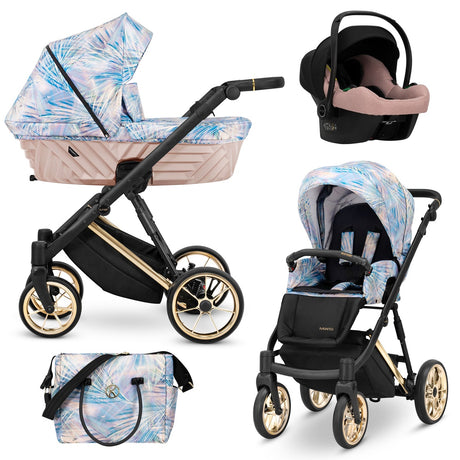 Kombikinderwagen in drei Ansichten: links Seitenansicht mit Babywanne, rechts Frontansicht mit Sportsitz, unten Vorderansicht eines passenden Rucksacks.