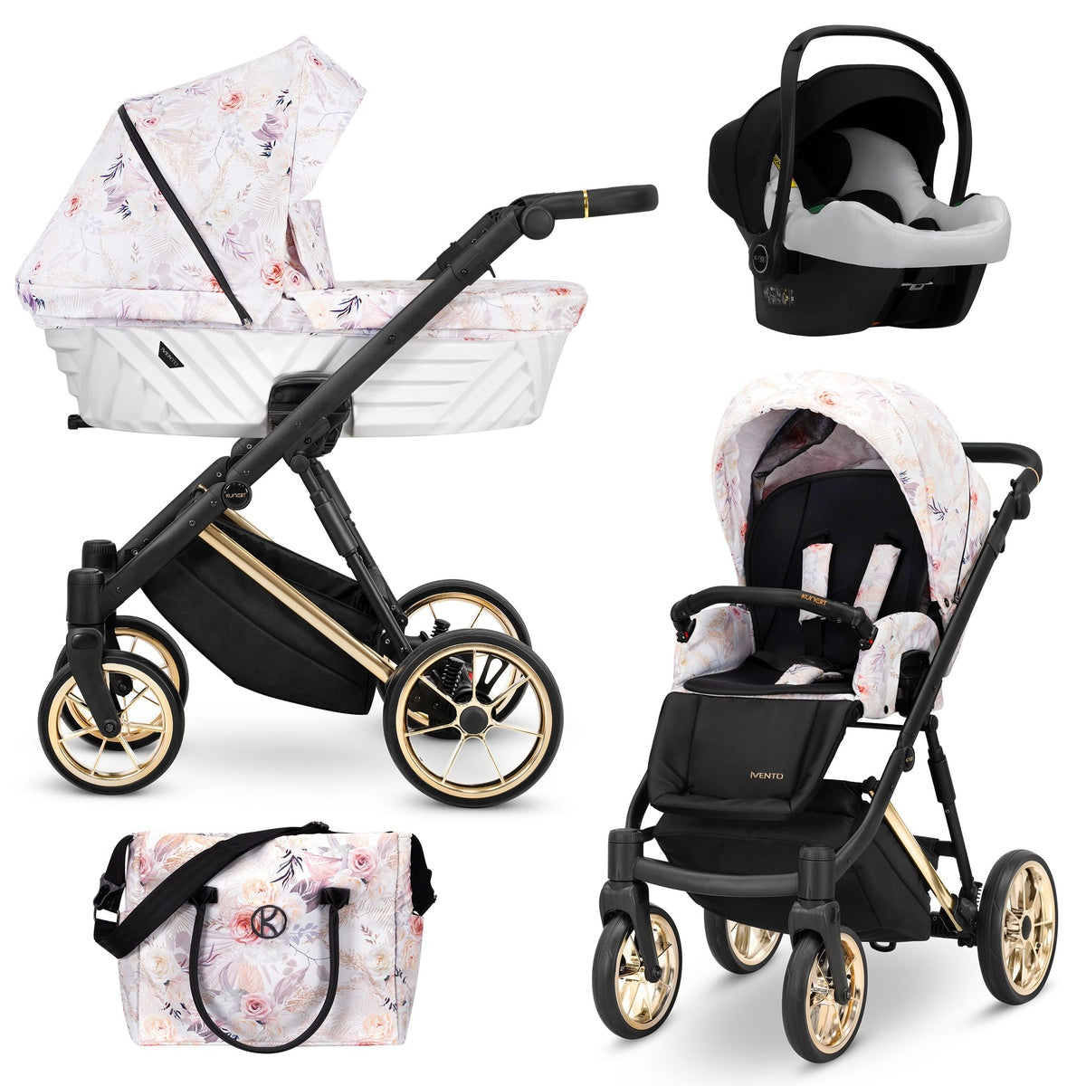 Kombikinderwagen in drei Ansichten: links Seitenansicht mit Babywanne, rechts Frontansicht mit Sportsitz, unten Vorderansicht eines passenden Rucksacks.