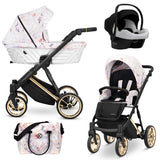 Kombikinderwagen in drei Ansichten: links Seitenansicht mit Babywanne, rechts Frontansicht mit Sportsitz, unten Vorderansicht eines passenden Rucksacks.