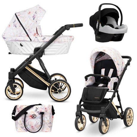 Kombikinderwagen in drei Ansichten: links Seitenansicht mit Babywanne, rechts Frontansicht mit Sportsitz, unten Vorderansicht eines passenden Rucksacks.