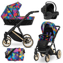 Kombikinderwagen in drei Ansichten: links Seitenansicht mit Babywanne, rechts Frontansicht mit Sportsitz, unten Vorderansicht eines passenden Rucksacks.