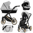 Kombikinderwagen in drei Ansichten: links Seitenansicht mit Babywanne, rechts Frontansicht mit Sportsitz, unten Vorderansicht eines passenden Rucksacks.