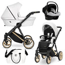 Kombikinderwagen in drei Ansichten: links Seitenansicht mit Babywanne, rechts Frontansicht mit Sportsitz, unten Vorderansicht eines passenden Rucksacks.