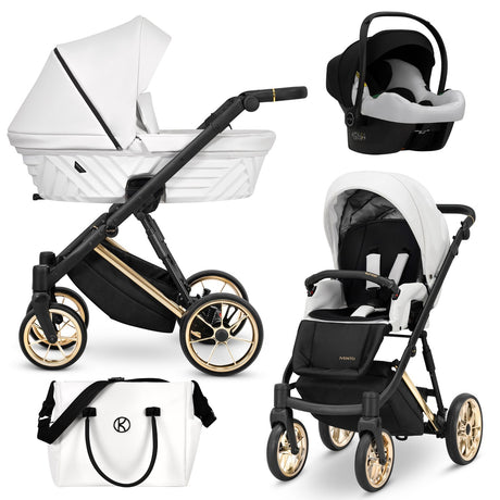 Kombikinderwagen in drei Ansichten: links Seitenansicht mit Babywanne, rechts Frontansicht mit Sportsitz, unten Vorderansicht eines passenden Rucksacks.