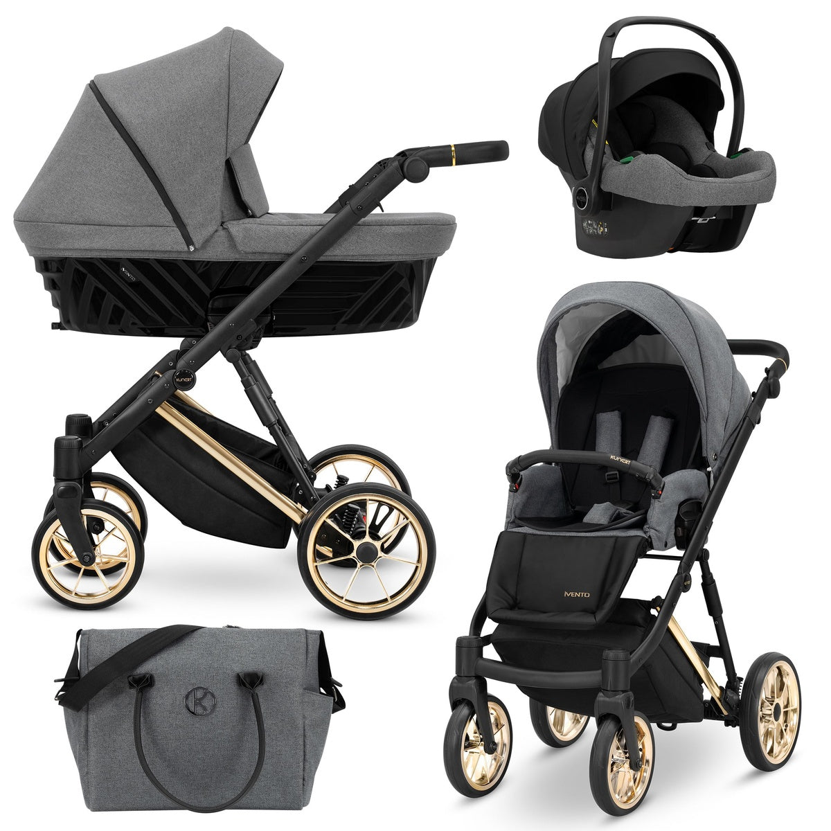 Kombikinderwagen in drei Ansichten: links Seitenansicht mit Babywanne, rechts Frontansicht mit Sportsitz, unten Vorderansicht eines passenden Rucksacks.