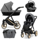 Kombikinderwagen in drei Ansichten: links Seitenansicht mit Babywanne, rechts Frontansicht mit Sportsitz, unten Vorderansicht eines passenden Rucksacks.