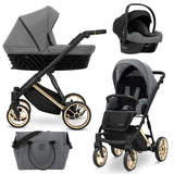 Kombikinderwagen in drei Ansichten: links Seitenansicht mit Babywanne, rechts Frontansicht mit Sportsitz, unten Vorderansicht eines passenden Rucksacks.