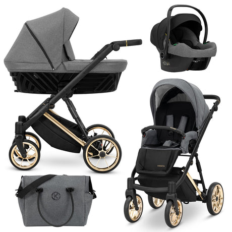 Kombikinderwagen in drei Ansichten: links Seitenansicht mit Babywanne, rechts Frontansicht mit Sportsitz, unten Vorderansicht eines passenden Rucksacks.