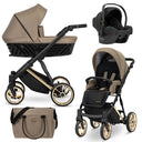 Kombikinderwagen in drei Ansichten: links Seitenansicht mit Babywanne, rechts Frontansicht mit Sportsitz, unten Vorderansicht eines passenden Rucksacks.