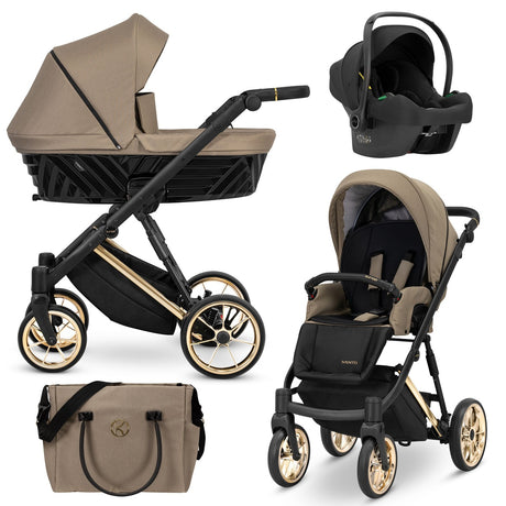 Kombikinderwagen in drei Ansichten: links Seitenansicht mit Babywanne, rechts Frontansicht mit Sportsitz, unten Vorderansicht eines passenden Rucksacks.