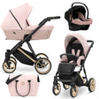 Kombikinderwagen in drei Ansichten: links Seitenansicht mit Babywanne, rechts Frontansicht mit Sportsitz, unten Vorderansicht eines passenden Rucksacks.