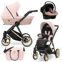 Kombikinderwagen in drei Ansichten: links Seitenansicht mit Babywanne, rechts Frontansicht mit Sportsitz, unten Vorderansicht eines passenden Rucksacks.