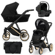 Kombikinderwagen in drei Ansichten: links Seitenansicht mit Babywanne, rechts Frontansicht mit Sportsitz, unten Vorderansicht eines passenden Rucksacks.