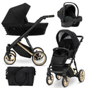 Kombikinderwagen in drei Ansichten: links Seitenansicht mit Babywanne, rechts Frontansicht mit Sportsitz, unten Vorderansicht eines passenden Rucksacks.