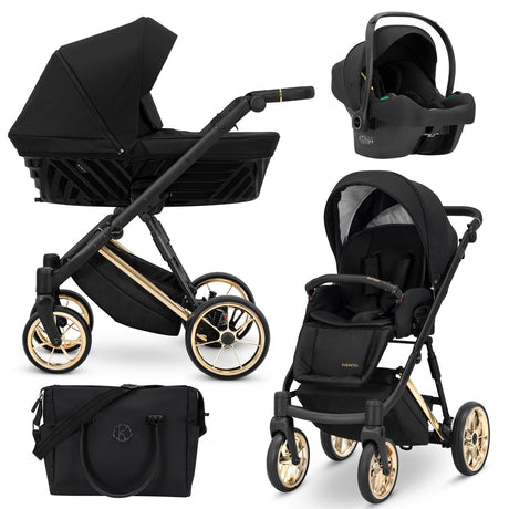 Kombikinderwagen in drei Ansichten: links Seitenansicht mit Babywanne, rechts Frontansicht mit Sportsitz, unten Vorderansicht eines passenden Rucksacks.