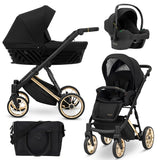 Kombikinderwagen in drei Ansichten: links Seitenansicht mit Babywanne, rechts Frontansicht mit Sportsitz, unten Vorderansicht eines passenden Rucksacks.