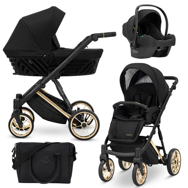 Kombikinderwagen in drei Ansichten: links Seitenansicht mit Babywanne, rechts Frontansicht mit Sportsitz, unten Vorderansicht eines passenden Rucksacks.