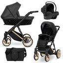 Kombikinderwagen in drei Ansichten: links Seitenansicht mit Babywanne, rechts Frontansicht mit Sportsitz, unten Vorderansicht eines passenden Rucksacks.