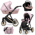 Kombikinderwagen in drei Ansichten: links Seitenansicht mit Babywanne, rechts Frontansicht mit Sportsitz, unten Vorderansicht eines passenden Rucksacks.